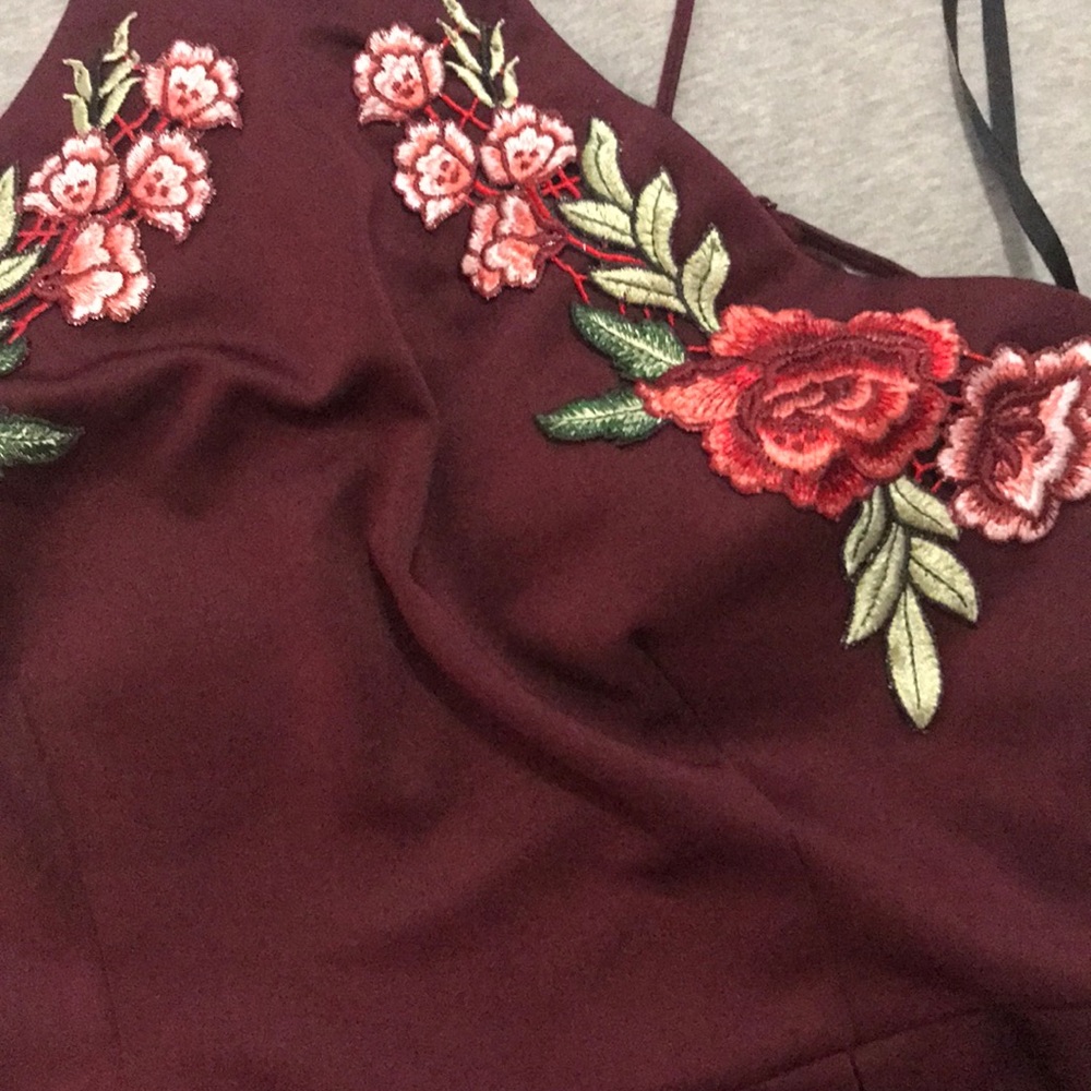 NWOT Maroon Halter Dress with Floral Embroidery - Picture 7 of 8
